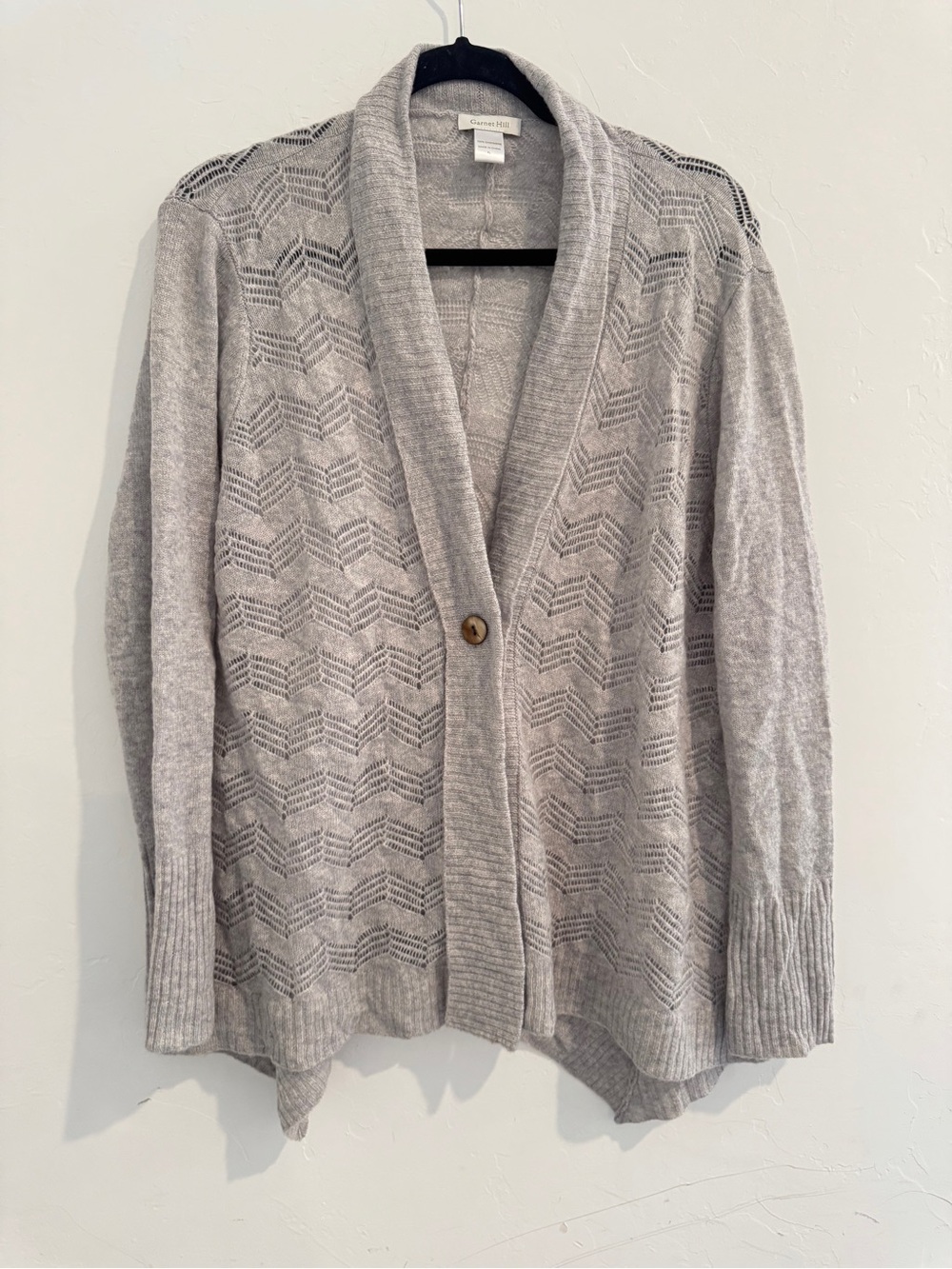 Garnet Hill | 100% Cashmere Open Knit Ribbed Pointelle Button Chevron Cardigan - Picture 2 of 4